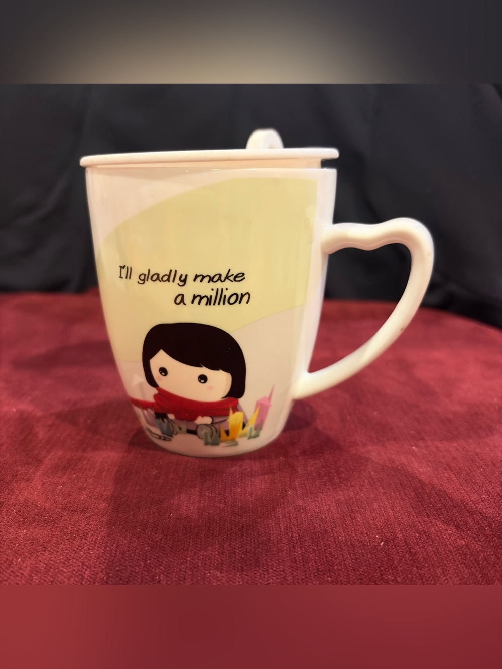 Heart-Shaped Handle Ceramic Mug with Lid - Unique Illustration Design